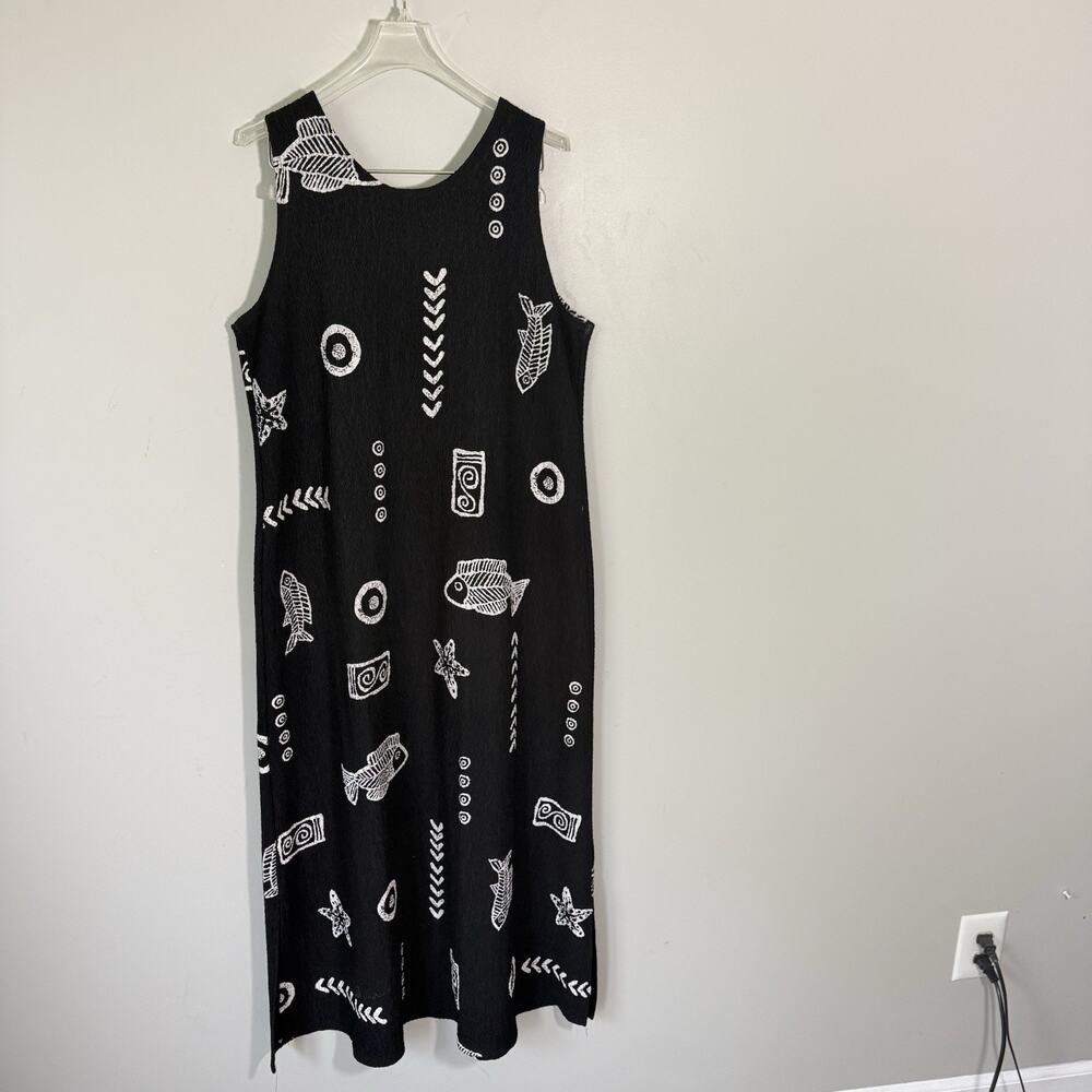 Vintage Gauze Maxi Dress Women Size M Black Fish Print Sleeveless Beach Vacation - Picture 3 of 3